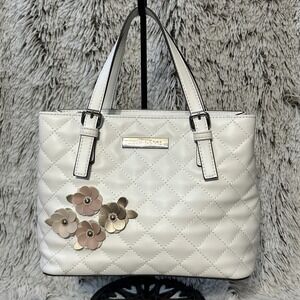 Liz‎ Claiborne Small Satchel Hand Bag White Flower Appliqué Quilted Preppy